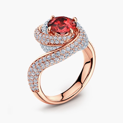 Pierścionek Savicki: dwukolorowe złoto, rubin, diamenty